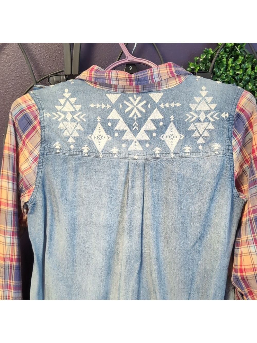 Miss Me Mixed Media Denim Embroidered Top - Picture 5 of 9